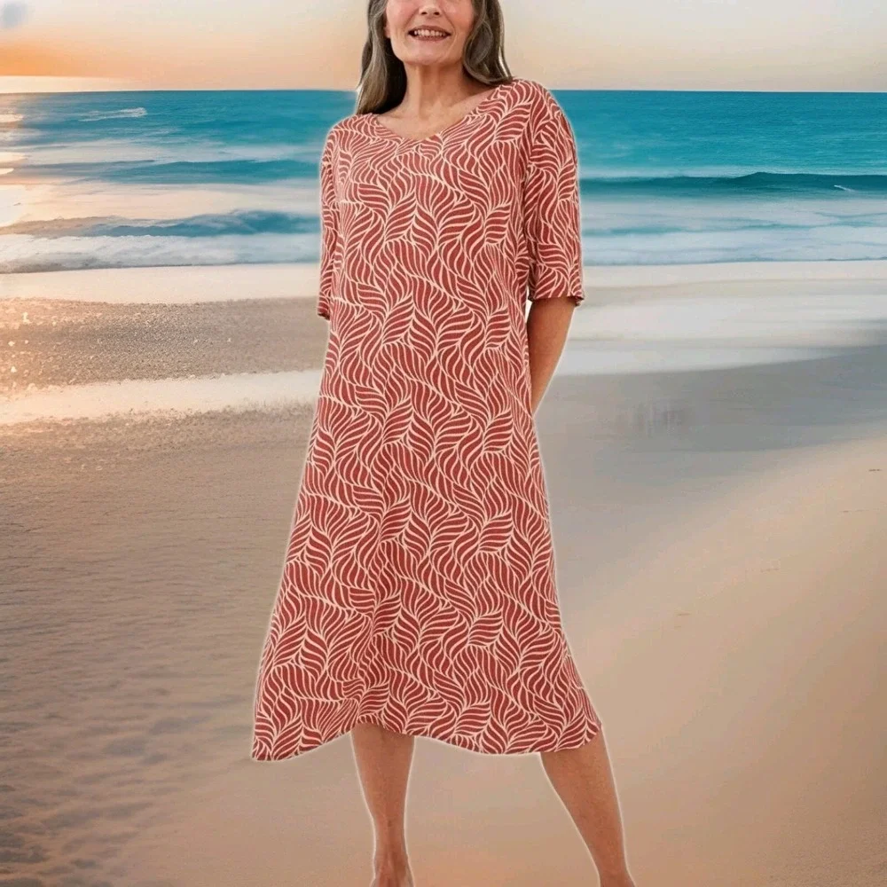 LC Waikiki Grace Dress Size‎ 40 US 8 Crinkle Casual Orange Tropical Lightweight